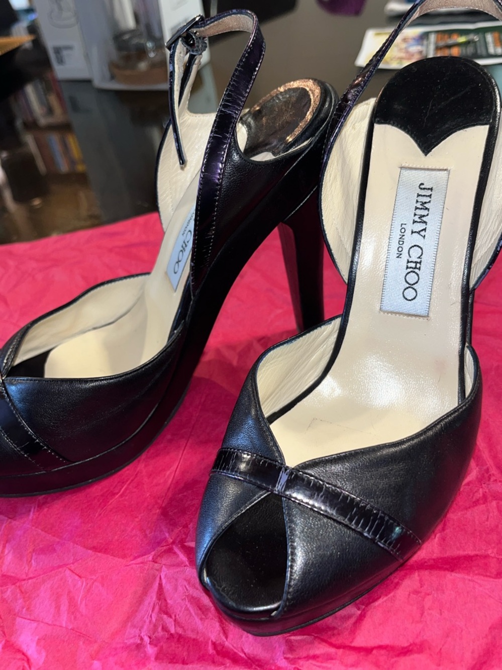 Jimmy Choo Black Peep-Toe Slingback Heels